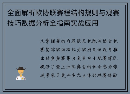 全面解析欧协联赛程结构规则与观赛技巧数据分析全指南实战应用